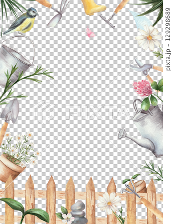 Vertical watercolor frame with garden tools, wooden fence, watering can, clay pots, clover, chamomile, flowers, and birds with a butterfly. Pink and white flowers, space for text. White background 129298689