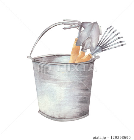 Watercolor illustration of metal bucket filled with gardening tools, including small spade, hand rake, and fork. Perfect for garden-themed designs, cards, posters, and invitations. White background 129298690