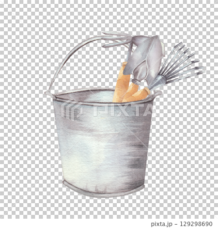 Watercolor illustration of metal bucket filled with gardening tools, including small spade, hand rake, and fork. Perfect for garden-themed designs, cards, posters, and invitations. White background 129298690