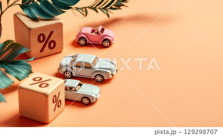 Wooden toy cars and a percentage sign on a orange background, symbolizing insurance savings or discounts for families 129298707