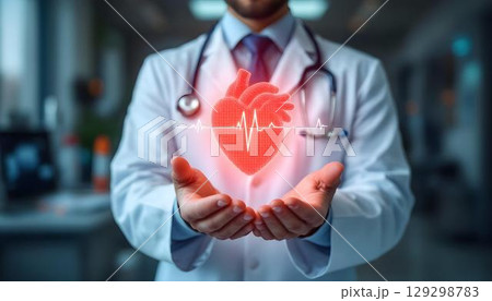 A cardiologist exhibits a heart that beats, symbolizing dedication to heart health and the well-being of patients 129298783