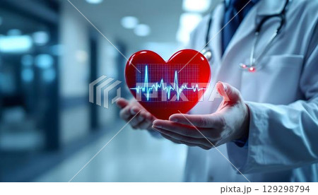 A doctor holds a heart with a visible heartbeat, symbolizing care and expertise in cardiology 129298794