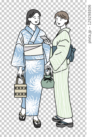 友達と浴衣で出かける笑顔の女性 129298806