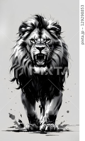 水墨画風、吠えるライオンのイラスト素材 [129298853] - PIXTA