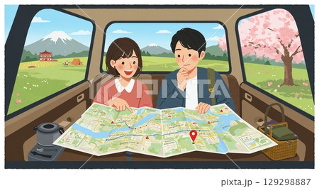 旅の計画！地図を広げて行き先を決める男女 129298887