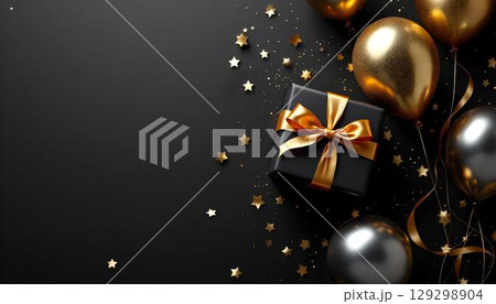 An eye-catching arrangement of golden balloons and birthday presents against a black background, ideal for a festive occasion An eye-catching arrangement of golden balloons and birthday presents against a black background, ideal for a festive occasion 129298904
