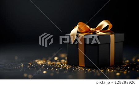 Stylish black gift box featuring a gold ribbon and bow, placed on a black background, suitable for a birthday occasion 129298920