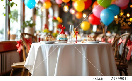 A festive birthday cake adorned with candles, surrounded by colorful balloons at a cheerful birthday party dinner 129299010