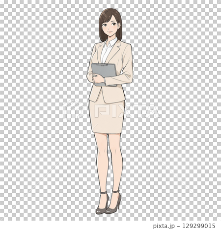 身穿奶油色西裝的女性上班族,手拿平板電腦(白色背景) 身穿奶油色西裝的女性上班族,手拿平板電腦(白色背景) 129299015