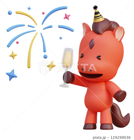 holding champagne in hand cartoon style 2026 new year red horse character 3D graphic holding champagne in hand cartoon style 2026 new year red horse character 3D graphic 129299036