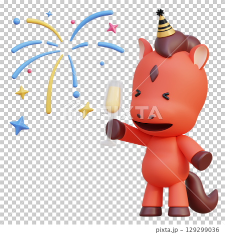 holding champagne in hand cartoon style 2026 new year red horse character 3D graphic holding champagne in hand cartoon style 2026 new year red horse character 3D graphic 129299036
