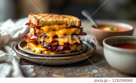 A delightful tower of grilled cheese sandwiches with bacon, complemented by a side of tangy tomato sauce for dipping 129299060
