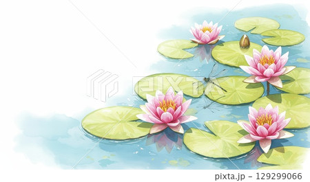 池に浮かぶ睡蓮の水彩画 129299066