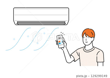 イラスト素材: エアコンをつける若い男性 イラスト素材: エアコンをつける若い男性 129299149