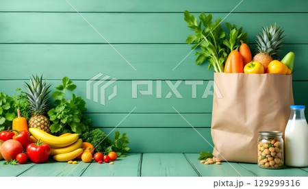 A paper bag overflowing with fresh fruits and vegetables, illustrating the efforts of food banks, positioned on a wooden surface 129299316