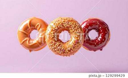 A playful scene of donuts floating in the air, beautifully highlighted by a pink background A playful scene of donuts floating in the air, beautifully highlighted by a pink background 129299429