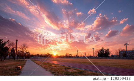夕焼けに染まる陸上競技場の美しい風景 129299438
