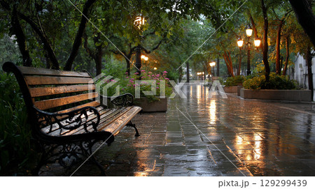雨に濡れた夜の公園のベンチと街灯 129299439
