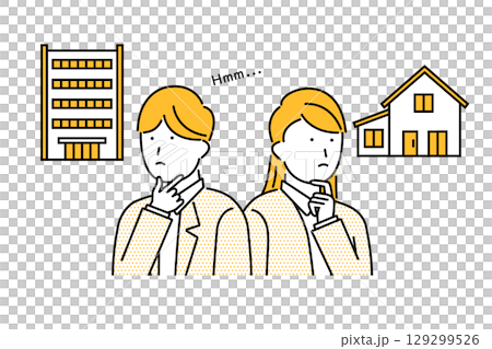 マイホームをマンションにするか戸建てにするかを迷う若い夫婦のイラスト 129299526