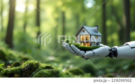A robot hand gently holds a green smart home nestled among trees in a serene forest setting A robot hand gently holds a green smart home nestled among trees in a serene forest setting 129299562