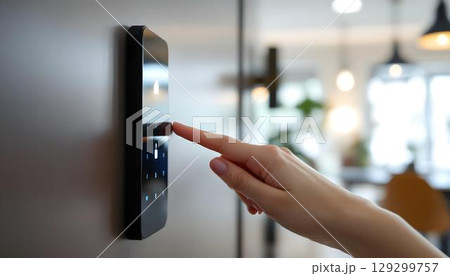 A woman using a smart door lock, demonstrating the ease of access in a smart home environment 129299757