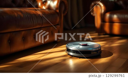 A robot vacuum cleaner sits on the floor adjacent to a couch, highlighting its role in modern home cleaning solutions 129299761