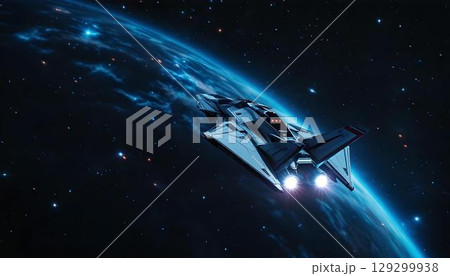A sleek starship navigating the depths of space, with twinkling stars illuminating its path 129299938