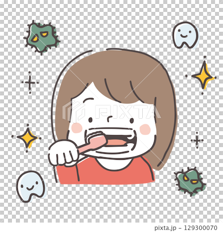 女孩刷牙，手繪插畫，蛀牙，閃閃發光，牙刷 129300070