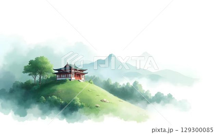 A calm watercolor representation of a path that winds through a landscape toward a pagoda, embodying classic Asian artistic elements 129300085