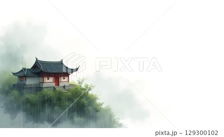 A picturesque Asian watercolor painting illustrating a path that meanders through nature, leading to a serene pagoda 129300102