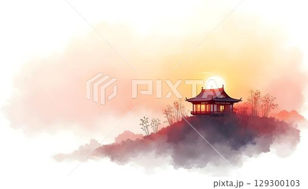 A beautiful watercolor landscape featuring a winding path that guides the viewer to a pagoda nestled among lush foliage 129300103