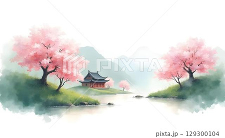 An Asian-style watercolor painting showcasing a tranquil path leading to a pagoda, framed by vibrant natural scenery 129300104