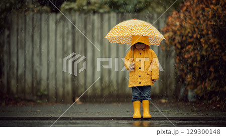 日本人の小さな少年が静かに雨傘を握る午後 129300148