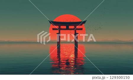 水面に映る大陽を背に佇む幻想的鳥居 129300150