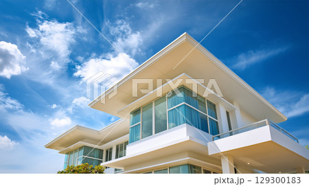 青空の下で白い屋根の家を見上げる 129300183