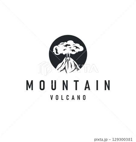 Volcano logo concept with black silhouette of erupting mountain, nature design and illustration template for brand or poster 129300381