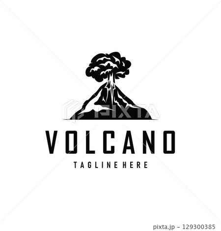 Volcano logo concept with black silhouette of erupting mountain, nature design and illustration template for brand or poster Volcano logo concept with black silhouette of erupting mountain, nature design and illustration template for brand or poster 129300385