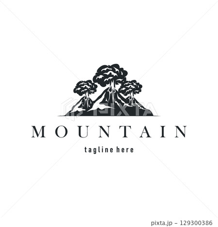 Volcano logo concept with black silhouette of erupting mountain, nature design and illustration template for brand or poster Volcano logo concept with black silhouette of erupting mountain, nature design and illustration template for brand or poster 129300386