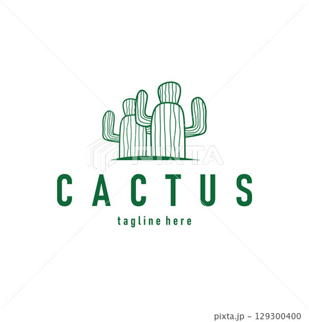 Simple cactus plant logo, desert plant line design as a decorative template design for a business brand or poster illustration 129300400