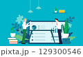 グラフやデータを用いてマーケティングについて会議をしているビジネスマン（青） 129300546