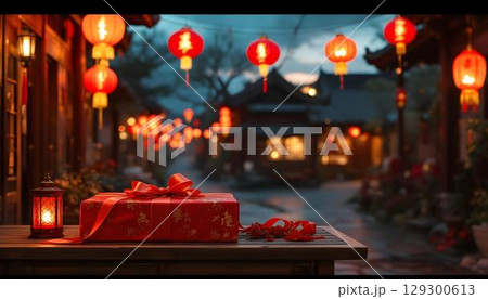 A contemporary Chinese New Year gift box embellished with lively red lanterns, symbolizing wealth and festivity A contemporary Chinese New Year gift box embellished with lively red lanterns, symbolizing wealth and festivity 129300613