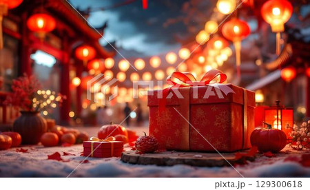 A modern Chinese New Year gift box adorned with vibrant red lanterns, symbolizing prosperity and celebration 129300618