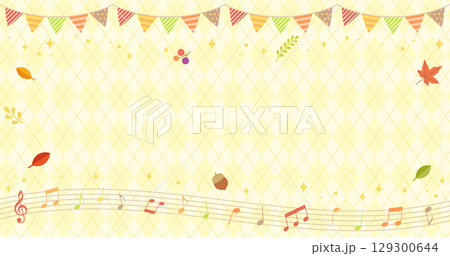 秋の音楽背景イラスト（落ち葉と音符とガーランド） 129300644