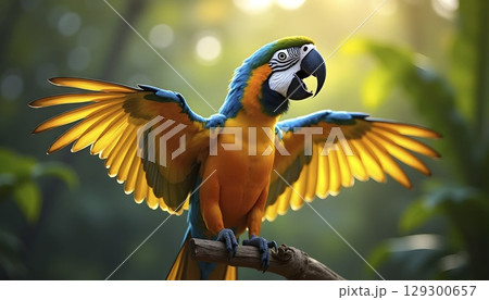 Tropical Macaw Bird In Natural Green Background 129300657