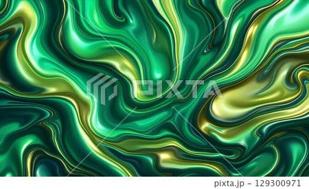 An abstract backdrop displaying flowing green and gold liquids with touches of blue, resulting in a lively and dynamic visual effect 129300971