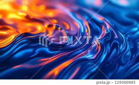 Dynamic abstract background with a harmonious blend of blue, orange, and yellow liquid colors, offering a lively aesthetic 129300985