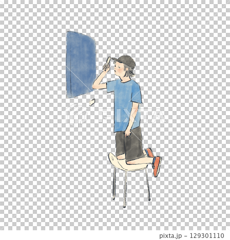 一個男孩用放大鏡看一幅畫 129301110