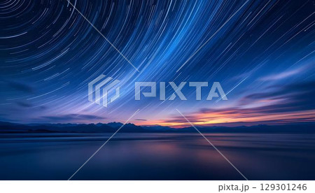 A man is positioned among the mountains, where star trails weave streams of light across the breathtaking night sky above him A man is positioned among the mountains, where star trails weave streams of light across the breathtaking night sky above him 129301246