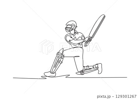 Continuous one line drawing cricketer in protective gear and helmet down on his knee playing a shot. Batsman hitting the ball on match competition. Single line draw design vector graphic illustration 129301267