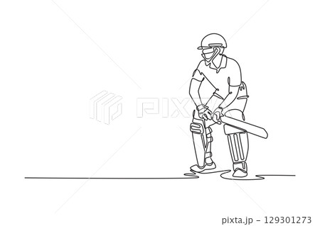Continuous one line drawing male cricket player wearing protective gear in batting position on the field. Healthy fitness workout or focused player. Single line draw design vector graphic illustration 129301273